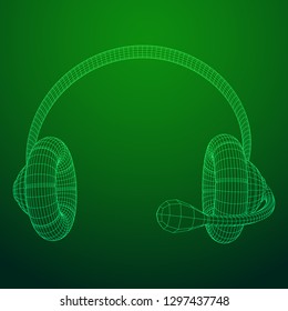 Headphone or headset for support from lines point connecting network. Abstract model wireframe low poly mesh vector illustration
