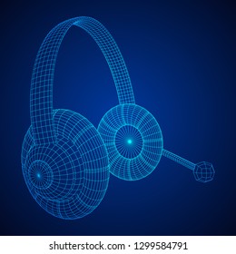 Headphone or headset for support from lines point connecting network. Abstract model wireframe low poly mesh vector illustration