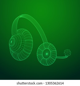 Headphone or headset for support from lines point connecting network. Abstract model wireframe low poly mesh vector illustration