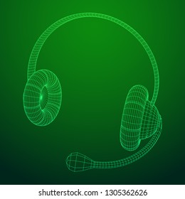 Headphone or headset for support from lines point connecting network. Abstract model wireframe low poly mesh vector illustration