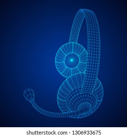 Headphone or headset for support from lines point connecting network. Abstract model wireframe low poly mesh vector illustration
