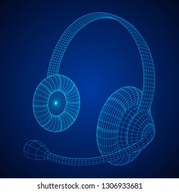 Headphone or headset for support from lines point connecting network. Abstract model wireframe low poly mesh vector illustration