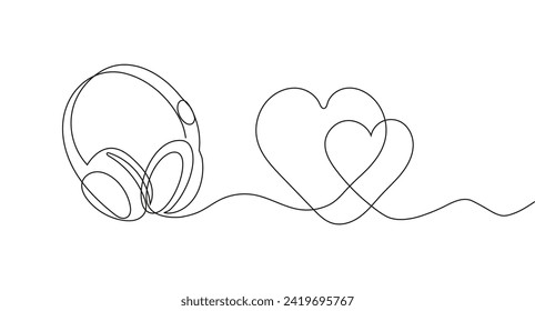 Headphone with heart in continuous line style. Valentine invitation card in outline style. Romantic vector illustration for Editable stroke.
