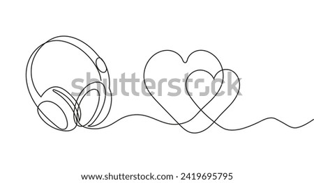 Headphone with heart in continuous line style. Valentine invitation card in outline style. Romantic vector illustration for Editable stroke.