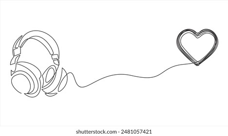 Headphone with heart one line art,hand drawn device gadget continuous contour.Listening music wireless gadget and romantic symbol.