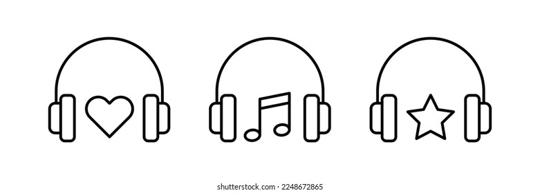 Headphone with heart, star, music note vector icon set. Linear headphones symbol. Earphones illustration