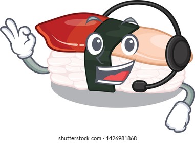 With headphone hokkigai sushi is served cartoon table