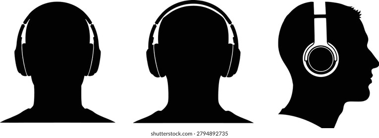 Headphone human head silhouette collection with front side back views