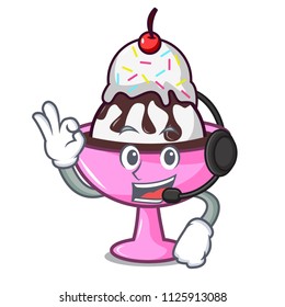 With headphone ice cream sundae mascot cartoon