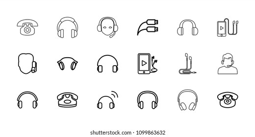 Headphone icon. collection of 18 headphone outline icons such as desk phone, support, headset, phone and earphones, earphones. editable headphone icons for web and mobile.