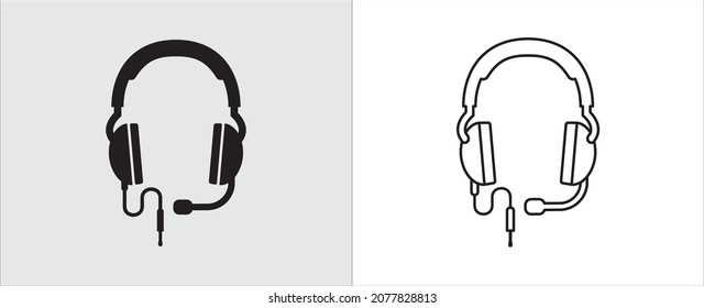 Headphone icon. Corded headset vector icon. Built in microphone. Over ear headphone illustration. Symbol of customer service, help and support center and audio music listening.