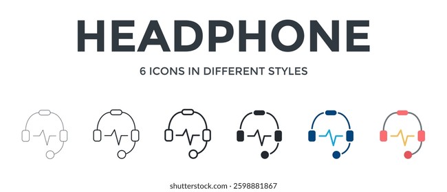 Headphone Icon In Different Style Vector Illustration. Designed In Thin Line, Regular Line, Bold Line, Glyph, Color Fill, And Flat Style Can Be Used For Web