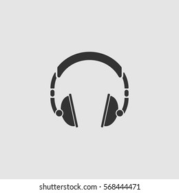 Headphone icon flat. Black pictogram on grey background. Vector illustration symbol