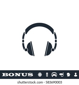 Headphone icon flat. Black pictogram on white background. Vector illustration symbol and bonus button