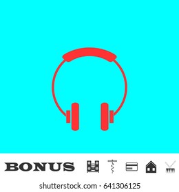 Headphone icon flat. Red pictogram on blue background. Vector illustration symbol and bonus buttons Music center, corkscrew, credit card, house, drum