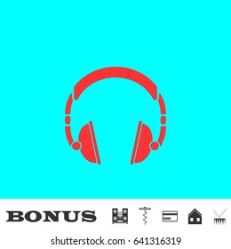 Headphone icon flat. Red pictogram on blue background. Vector illustration symbol and bonus buttons Music center, corkscrew, credit card, house, drum