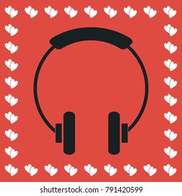 Headphone icon flat. Simple black pictogram on red background with white hearts for valentines day. Vector illustration symbol