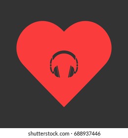 Headphone icon flat. Simple pictogram on heart background. Vector illustration symbol