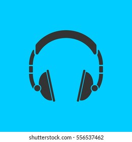 Headphone icon flat. Simple vector black pictogram on blue background