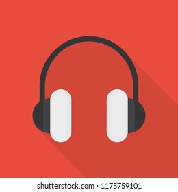 Headphone icon in flat style with long shadow, isolated vector illustration on red transparent background