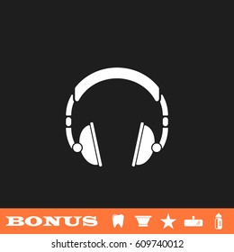 Headphone icon flat. White pictogram on black background. Vector illustration symbol and bonus button tooth, vase, star, mirror, bottle