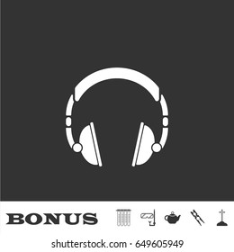 Headphone icon flat. White pictogram on black background. Vector illustration symbol and bonus icons