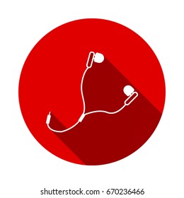 headphone icon isolated on red background with long shadow. flat icon