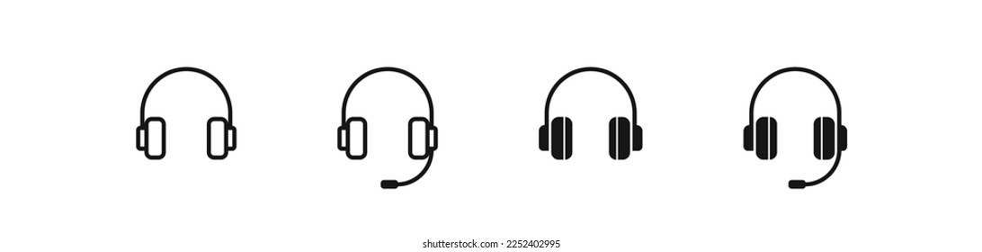 Headphone icon. Listen to the music symbol. Headset signs. Microphone and earphone symbols. Podcast speaker icons. Black color. Vector isolated sign.