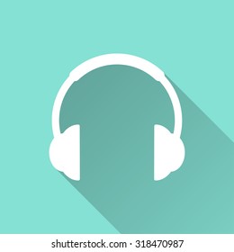Headphone   icon with long shadow on green background, flat design. Vector illustration.