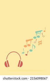 Headphone icon with musical notes, yellow background. Minimal design. Vector illustration