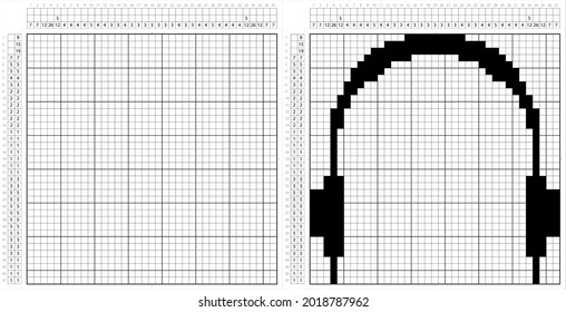 Headphone Icon Nonogram Pixel Art, Logic Puzzle Game Griddlers, Pic-A-Pix, Picture Paint By Numbers, Picross, Pair Of Small Loudspeaker Drivers Worn On Head Vector Art Illustration