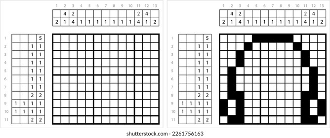 Headphone Icon Nonogram Pixel Art, Pair Of Small Loudspeaker Drivers Worn On Head Vector Art Illustration, Logic Puzzle Game Griddlers, Pic-A-Pix, Picture Paint By Numbers, Picross,