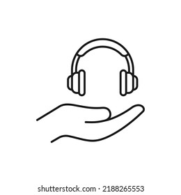 Headphone icon on hand line style isolated on white background. Vector illustration