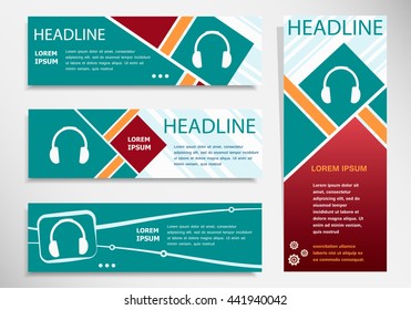 Headphone icon on horizontal and vertical banner. Modern abstract flyer, banner, brochure design template. 