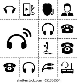 Headphone icon. set of 13 filled headphoneicons such as desk phone, phone and earphones, earphones, earphone wire, support, headset, listening device