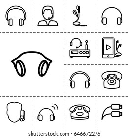 Headphone icon. set of 13 outline headphoneicons such as desk phone, headset, phone and earphones, earphones, earphone wire, support, listening device