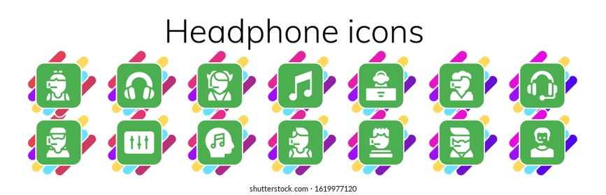 headphone icon set. 14 filled headphone icons. Included Call center, Headphones, DJ, Music, Headset, Operator icons