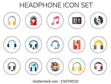 headphone icon set. 15 flat headphone icons. Included headphones, headset, music, dj, earphones icons