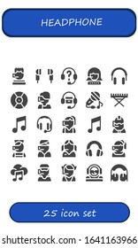 headphone icon set. 25 filled headphone icons. Included Call center, Earphones, Headphones, DJ, Sing, Electric piano, Music icons