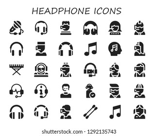  headphone icon set. 30 filled headphone icons. Simple modern icons about  - Sing, Headphones, Call center, Music, Electric piano, DJ, Operator, Headset, Earbuds
