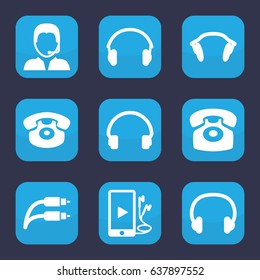 Headphone icon. set of 9 filled headphone icons such as headset, desk phone, phone and earphones, earphones, earphone wire