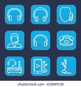 Headphone icon. set of 9 outline headphone icons such as desk phone, phone and earphones, earphones, support, headset, listening device