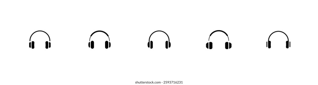 Headphone icon set. Black headphones signs. Line earphone set. Support headphone symbol. Vector illustration.