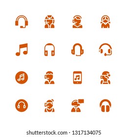 headphone icon set. Collection of 16 filled headphone icons included Headphones, Secretary, Call center, Headphone, Music, Headset