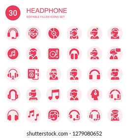 headphone icon set. Collection of 30 filled headphone icons included Headphones, DJ, Music, Call center, Headset, Secretary, Headphone, Phone operator