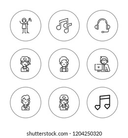 Headphone icon set. collection of 9 outline headphone icons with call center, headset, music, operator icons. editable icons.