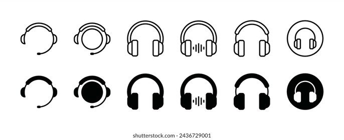 Headphone icon set. Containing headphones button, headset, earphone for listening music, podcast, customer service and support. Vector illustration