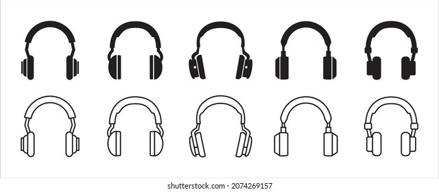 Headphone icon set. Headset vector icons set. Over ear headphone assorted illustration. Symbol of customer service, help and support center and audio music listening. Outline flat design style.