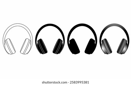 Headphone icon set in outline, solid, and gradient styles. Ideal for music, audio, and technology designs. High-quality vector illustration for digital and print use