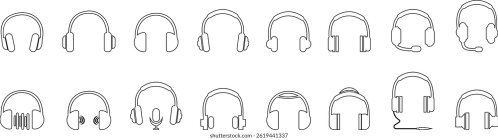 Headphone Icon set Vector, Diverse headphone Styles, Audio, Music Listening. Perfect for Web Design, Apps, Software Interface. Modern simple black design. Customer service. transparent background